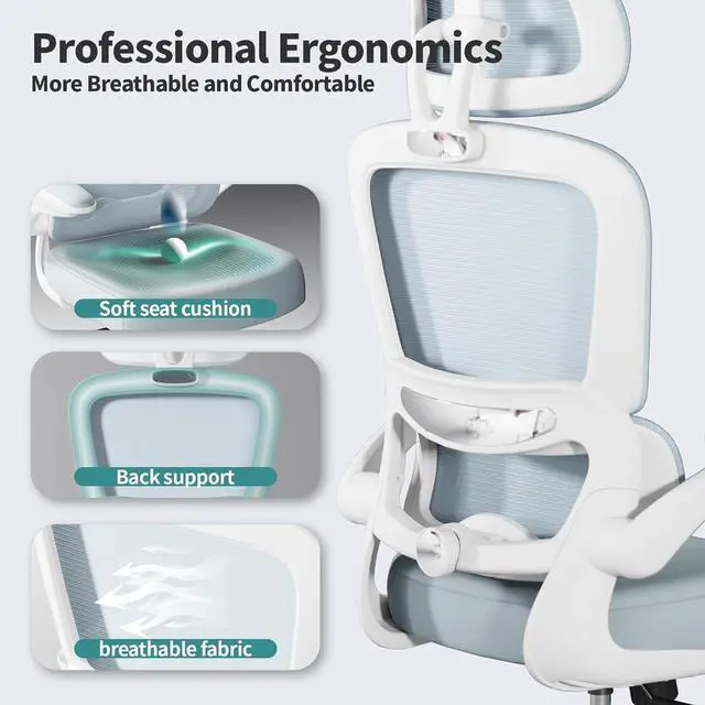 Alt view image 3 of 7 - TRALT Office Chair Ergonomic Desk Chair, 330 LBS Home Mesh Office Desk Chairs with Wheels, Comfortable Gaming Chair, High Back Office Chair for Long Hours (Blue)