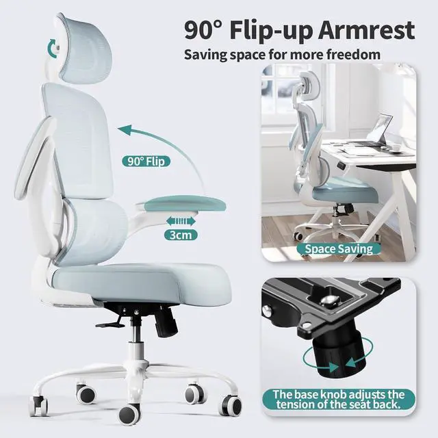 Alt view image 5 of 7 - TRALT Office Chair Ergonomic Desk Chair, 330 LBS Home Mesh Office Desk Chairs with Wheels, Comfortable Gaming Chair, High Back Office Chair for Long Hours (Blue)