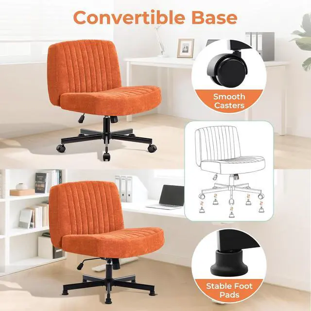 Alt view image 5 of 7 - Convertible Base Criss Cross Chair with Pocket Springs & Thicker and Wider Cushions, Armless Legged Office Chair Relieves Back Pain, Swivel Vanity Chair for Living Room/Office, (Orange)