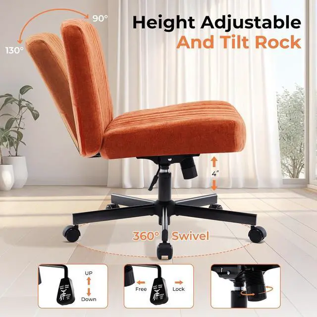 Alt view image 6 of 7 - Convertible Base Criss Cross Chair with Pocket Springs & Thicker and Wider Cushions, Armless Legged Office Chair Relieves Back Pain, Swivel Vanity Chair for Living Room/Office, (Orange)