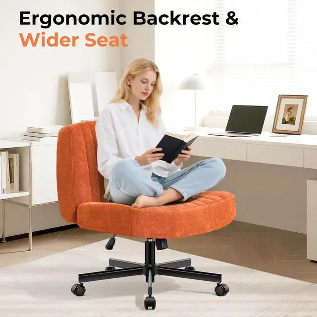 Alt view image 4 of 7 - Convertible Base Criss Cross Chair with Pocket Springs & Thicker and Wider Cushions, Armless Legged Office Chair Relieves Back Pain, Swivel Vanity Chair for Living Room/Office, (Orange)