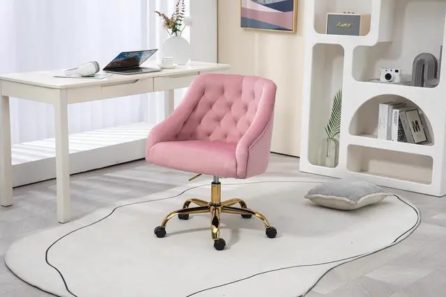 Alt view image 4 of 6 - ZOBIDO Comfy Home Office Task Chair with Wheels, Cute Modern Upholstered Velvet Seashell Back Adjustable Swivel Vanity Desk Chair, for Women, for Girls, Living Room, Bedroom(Bright Pink)