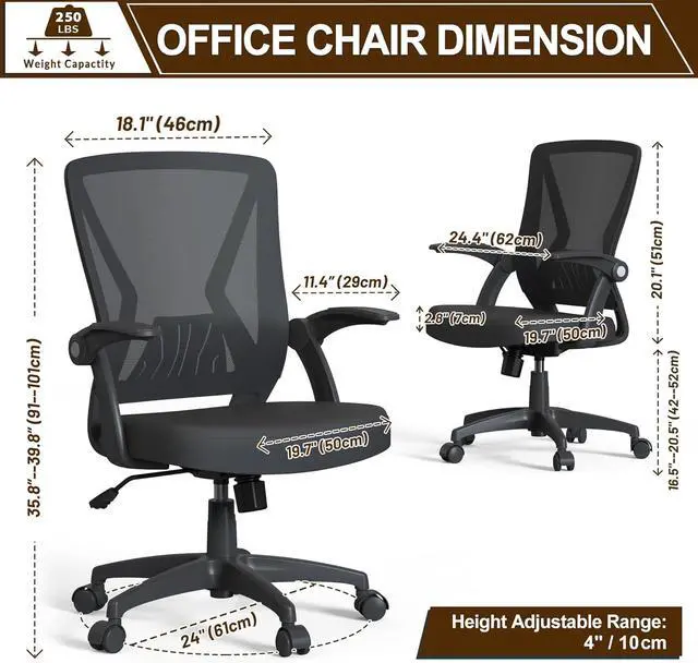 Alt view image 2 of 6 - Ergonomic Mid Back Mesh Office Task Chairs for Home Flip Up Arms with Lumbar Support and Swivel Wheels