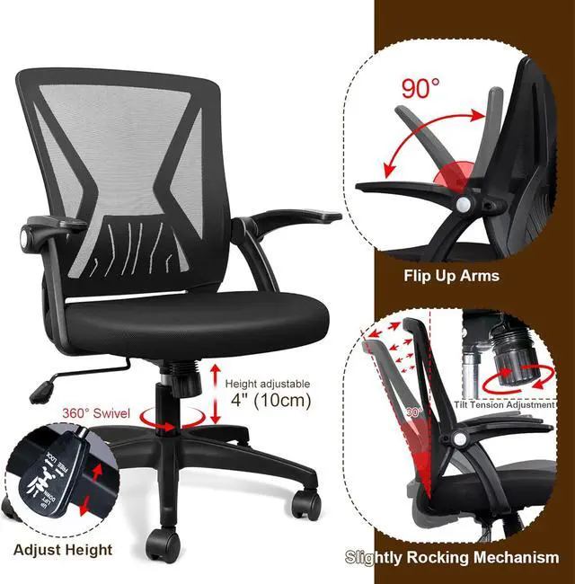 Alt view image 3 of 6 - Ergonomic Mid Back Mesh Office Task Chairs for Home Flip Up Arms with Lumbar Support and Swivel Wheels