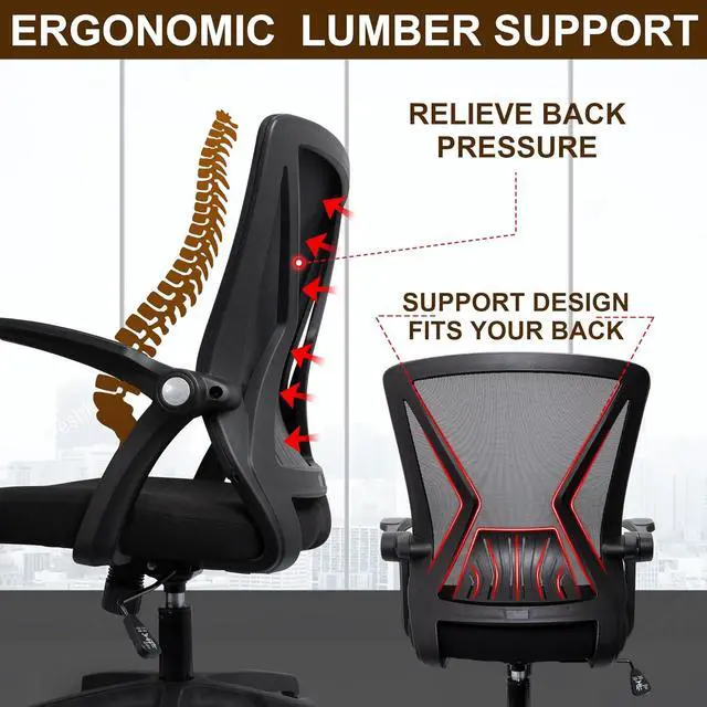Alt view image 4 of 6 - Ergonomic Mid Back Mesh Office Task Chairs for Home Flip Up Arms with Lumbar Support and Swivel Wheels