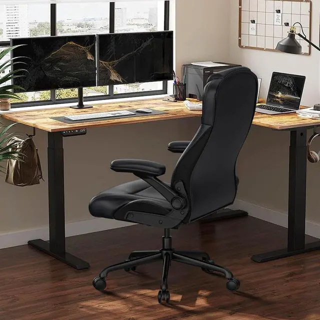 Alt view image 2 of 7 - Ergonomic Executive Office Chair for Big & Tall - 500lbs Capacity with Lumbar Support & Flip-Up Armrests, Heavy Duty PU Leather Computer Desk Chair, Black
