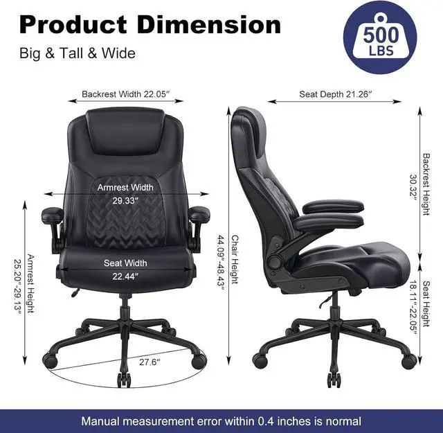 Alt view image 3 of 7 - Ergonomic Executive Office Chair for Big & Tall - 500lbs Capacity with Lumbar Support & Flip-Up Armrests, Heavy Duty PU Leather Computer Desk Chair, Black