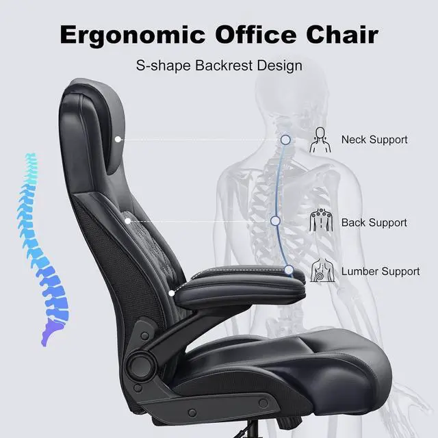 Alt view image 4 of 7 - Ergonomic Executive Office Chair for Big & Tall - 500lbs Capacity with Lumbar Support & Flip-Up Armrests, Heavy Duty PU Leather Computer Desk Chair, Black