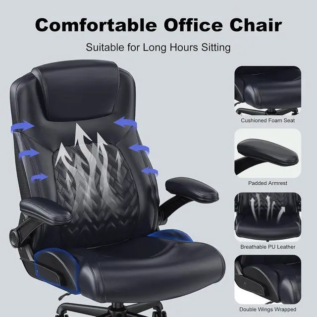 Alt view image 5 of 7 - Ergonomic Executive Office Chair for Big & Tall - 500lbs Capacity with Lumbar Support & Flip-Up Armrests, Heavy Duty PU Leather Computer Desk Chair, Black