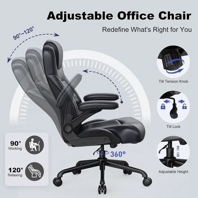 Alt view image 6 of 7 - Ergonomic Executive Office Chair for Big & Tall - 500lbs Capacity with Lumbar Support & Flip-Up Armrests, Heavy Duty PU Leather Computer Desk Chair, Black