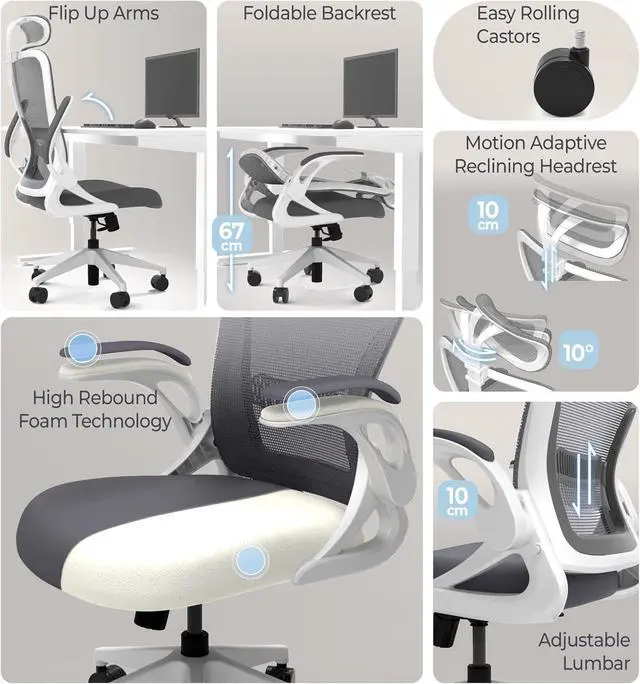 Alt view image 4 of 7 - Tervo Model U | Folding Office Chair for Small Spaces | Ergonomic Design with High Rebound Mesh | Computer Desk Chair for Gaming | For Adults & Kids | Foldable & Compact with Flip Up Arms