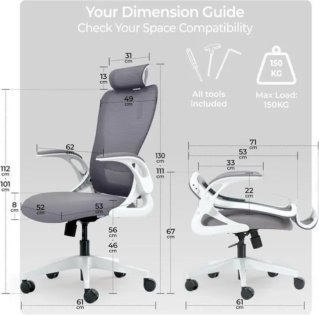 Alt view image 3 of 7 - Tervo Model U | Folding Office Chair for Small Spaces | Ergonomic Design with High Rebound Mesh | Computer Desk Chair for Gaming | For Adults & Kids | Foldable & Compact with Flip Up Arms