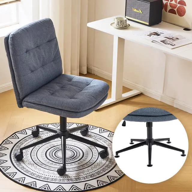 Main image of VINGLI Mid Back Armless Office Desk Chair with Wheels/no Wheels,360°Rocking Swivel Vanity Chair with Thickened Cushion,Adjustable Height Rolling for Reading Room, Make up, Linen Navy Blue