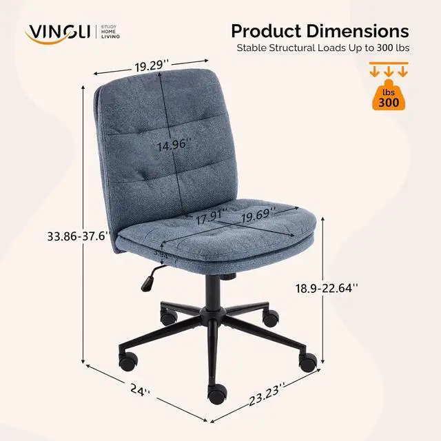 Alt view image 2 of 7 - VINGLI Mid Back Armless Office Desk Chair with Wheels/no Wheels,360°Rocking Swivel Vanity Chair with Thickened Cushion,Adjustable Height Rolling for Reading Room, Make up, Linen Navy Blue