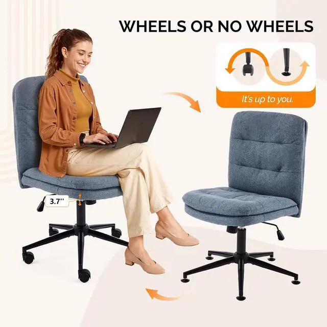 Alt view image 3 of 7 - VINGLI Mid Back Armless Office Desk Chair with Wheels/no Wheels,360°Rocking Swivel Vanity Chair with Thickened Cushion,Adjustable Height Rolling for Reading Room, Make up, Linen Navy Blue
