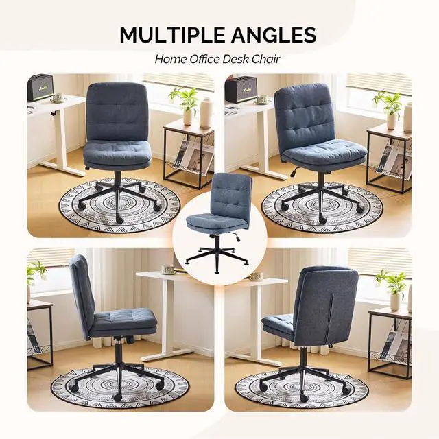 Alt view image 4 of 7 - VINGLI Mid Back Armless Office Desk Chair with Wheels/no Wheels,360°Rocking Swivel Vanity Chair with Thickened Cushion,Adjustable Height Rolling for Reading Room, Make up, Linen Navy Blue