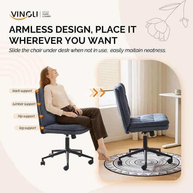 Alt view image 7 of 7 - VINGLI Mid Back Armless Office Desk Chair with Wheels/no Wheels,360°Rocking Swivel Vanity Chair with Thickened Cushion,Adjustable Height Rolling for Reading Room, Make up, Linen Navy Blue