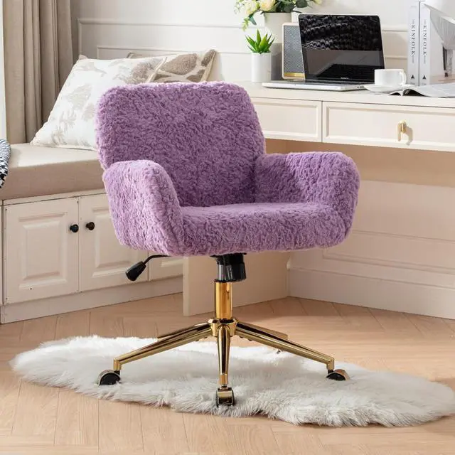 Main image of HomVent Faux Fur Desk Chair, Modern Furry Cute Office Desk Chair,Faux Fur Makeup Vanity Chair with Wheels & Gold Base, Adjustable Swivel Ergonomic Home Office Chair for Girl Women Bedroom Study Violet