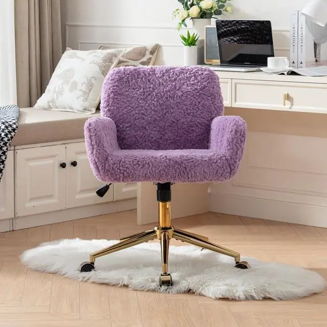 Alt view image 2 of 7 - HomVent Faux Fur Desk Chair, Modern Furry Cute Office Desk Chair,Faux Fur Makeup Vanity Chair with Wheels & Gold Base, Adjustable Swivel Ergonomic Home Office Chair for Girl Women Bedroom Study Violet