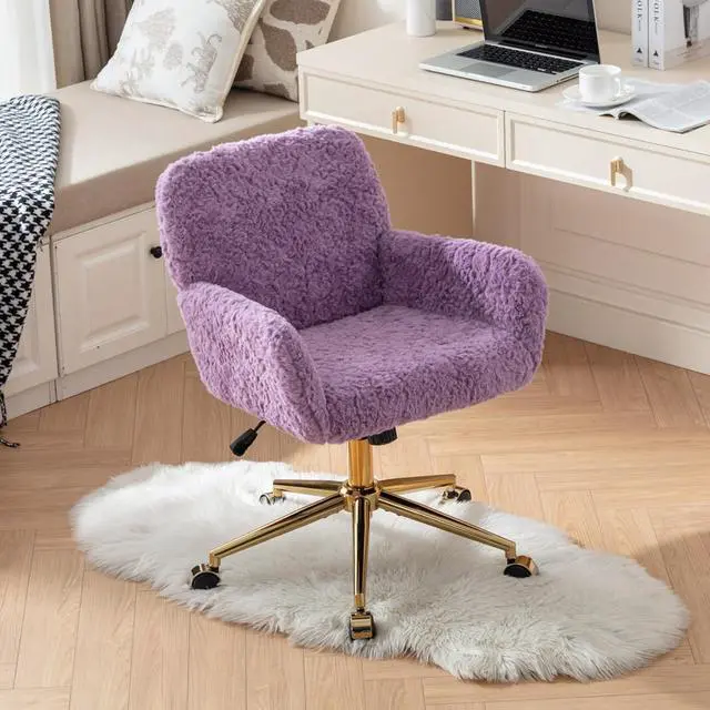 Alt view image 3 of 7 - HomVent Faux Fur Desk Chair, Modern Furry Cute Office Desk Chair,Faux Fur Makeup Vanity Chair with Wheels & Gold Base, Adjustable Swivel Ergonomic Home Office Chair for Girl Women Bedroom Study Violet