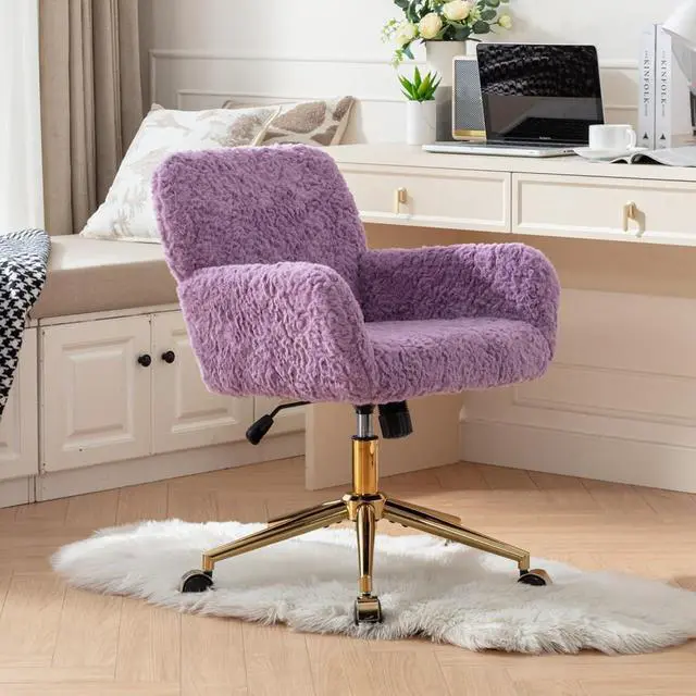 Alt view image 4 of 7 - HomVent Faux Fur Desk Chair, Modern Furry Cute Office Desk Chair,Faux Fur Makeup Vanity Chair with Wheels & Gold Base, Adjustable Swivel Ergonomic Home Office Chair for Girl Women Bedroom Study Violet