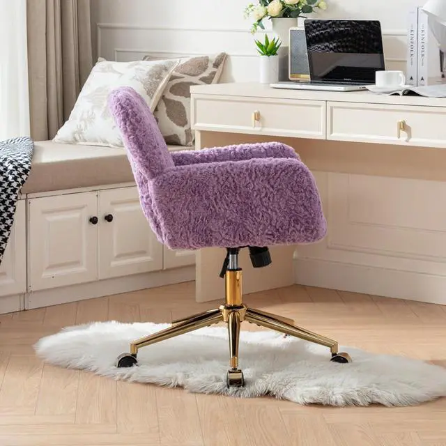 Alt view image 5 of 7 - HomVent Faux Fur Desk Chair, Modern Furry Cute Office Desk Chair,Faux Fur Makeup Vanity Chair with Wheels & Gold Base, Adjustable Swivel Ergonomic Home Office Chair for Girl Women Bedroom Study Violet