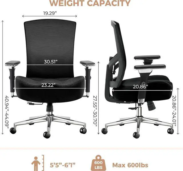 Alt view image 3 of 7 - 600lbs Big and Tall Office Chair,Oversized Ergonomic Breathable Mesh Desk Chair with W-Shape Thicken Seat Cushion,Computer Chair with Upgraded 4D Armrest,Lumbar Support for Heavy People All Day