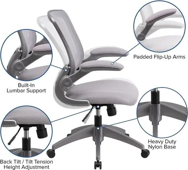 Alt view image 5 of 7 - Flash Furniture Mesh Swivel Ergonomic Office Chair, Gray | Gray Frame, Mid-Back, Flip-Up Arms, Mesh Back