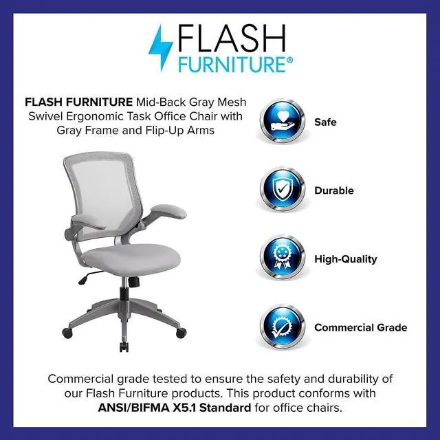 Alt view image 4 of 7 - Flash Furniture Mesh Swivel Ergonomic Office Chair, Gray | Gray Frame, Mid-Back, Flip-Up Arms, Mesh Back