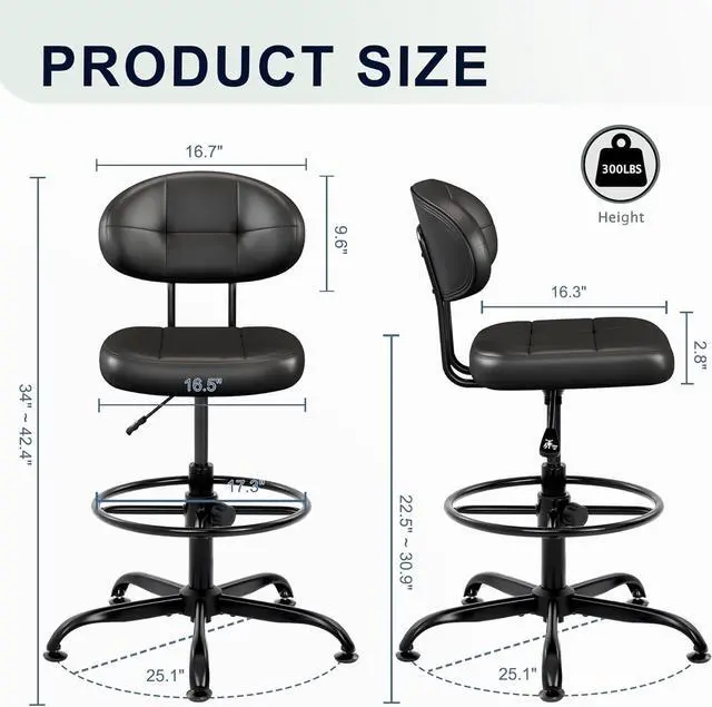 Alt view image 2 of 6 - Misolant Armless Drafting Chair, Tall Office Chair no Wheels with Footrest Ring for Standing Desk, Small Faux Leather Executive Vanity Chair with Adjustable Height for Bar Counter Desk Black