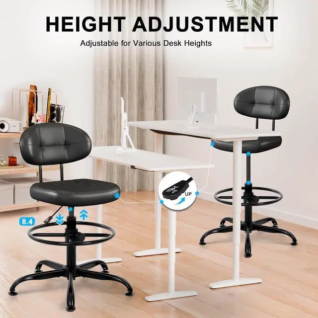 Alt view image 5 of 6 - Misolant Armless Drafting Chair, Tall Office Chair no Wheels with Footrest Ring for Standing Desk, Small Faux Leather Executive Vanity Chair with Adjustable Height for Bar Counter Desk Black