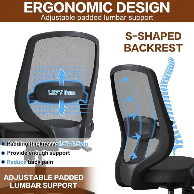 Alt view image 3 of 6 - Swivel Mid Back Mesh Home Office Desk Chair with Adjustable Lumbar Support and Wheels for Small Space Adults
