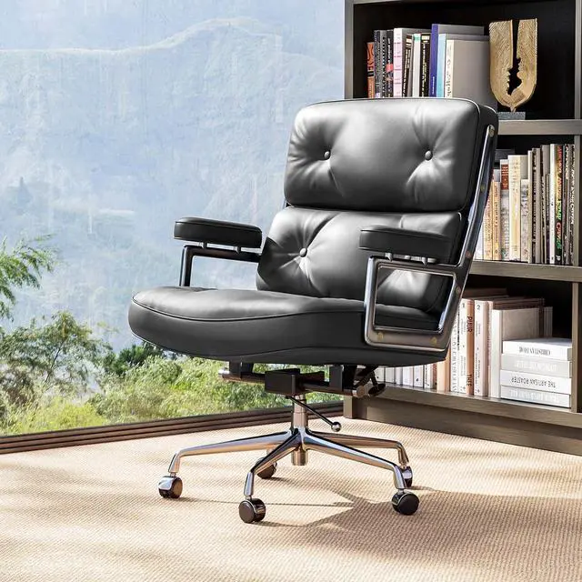 Main image of Genuine Leather Office Chair, Mid Back Executive Desk Chairs with Aluminum Arms and Wheels, Swivel Office Leather Chair with Thickened Backrest and Ergonomic Lumbar Support, Black