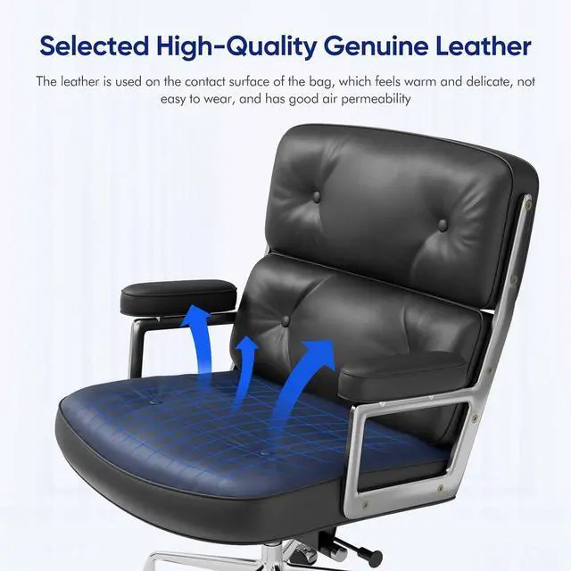 Alt view image 3 of 7 - Genuine Leather Office Chair, Mid Back Executive Desk Chairs with Aluminum Arms and Wheels, Swivel Office Leather Chair with Thickened Backrest and Ergonomic Lumbar Support, Black