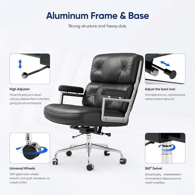 Alt view image 4 of 7 - Genuine Leather Office Chair, Mid Back Executive Desk Chairs with Aluminum Arms and Wheels, Swivel Office Leather Chair with Thickened Backrest and Ergonomic Lumbar Support, Black