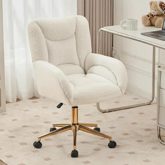 Main image of FOXHUNTER Vanity Chair with Ergonomic Back & Wheels, 360° Swivel Accent Chair, Adjustable Height Home Office Chair for Living Room, Bedroom (Teddy,White)