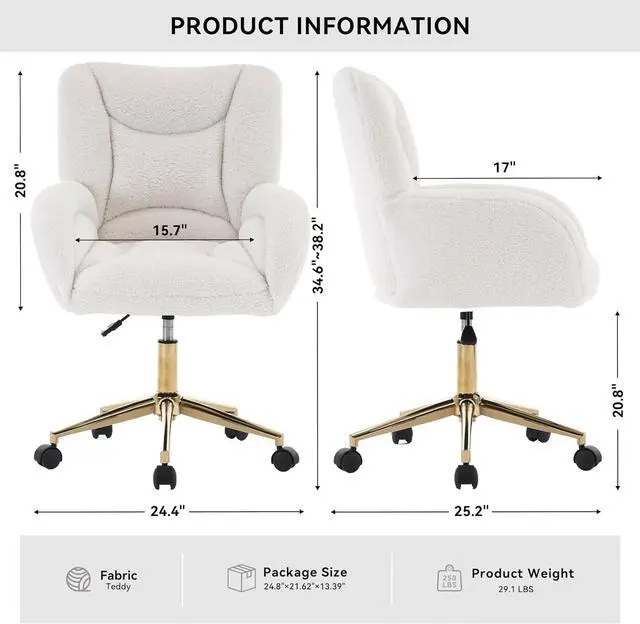 Alt view image 2 of 7 - FOXHUNTER Vanity Chair with Ergonomic Back & Wheels, 360° Swivel Accent Chair, Adjustable Height Home Office Chair for Living Room, Bedroom (Teddy,White)