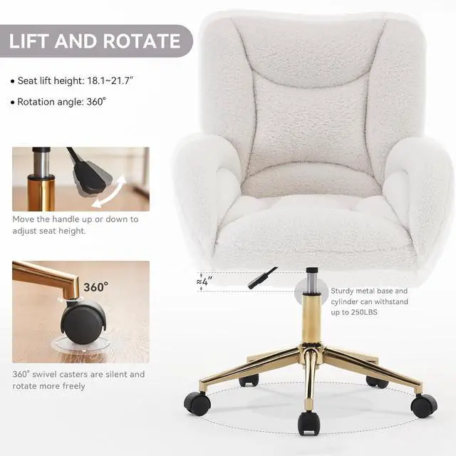 Alt view image 3 of 7 - FOXHUNTER Vanity Chair with Ergonomic Back & Wheels, 360° Swivel Accent Chair, Adjustable Height Home Office Chair for Living Room, Bedroom (Teddy,White)