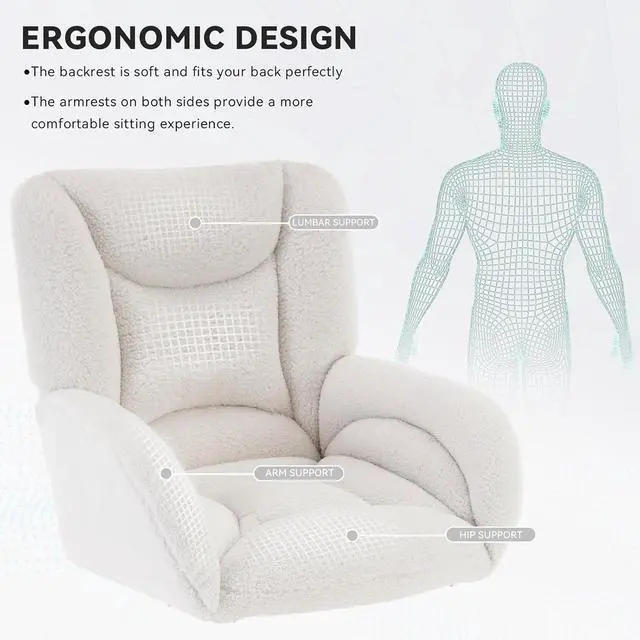 Alt view image 4 of 7 - FOXHUNTER Vanity Chair with Ergonomic Back & Wheels, 360° Swivel Accent Chair, Adjustable Height Home Office Chair for Living Room, Bedroom (Teddy,White)