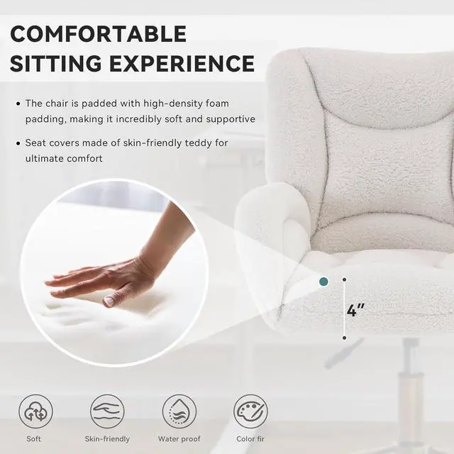 Alt view image 5 of 7 - FOXHUNTER Vanity Chair with Ergonomic Back & Wheels, 360° Swivel Accent Chair, Adjustable Height Home Office Chair for Living Room, Bedroom (Teddy,White)