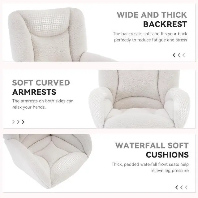 Alt view image 6 of 7 - FOXHUNTER Vanity Chair with Ergonomic Back & Wheels, 360° Swivel Accent Chair, Adjustable Height Home Office Chair for Living Room, Bedroom (Teddy,White)