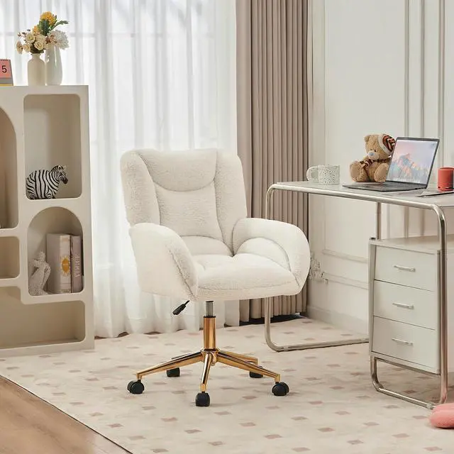 Alt view image 7 of 7 - FOXHUNTER Vanity Chair with Ergonomic Back & Wheels, 360° Swivel Accent Chair, Adjustable Height Home Office Chair for Living Room, Bedroom (Teddy,White)