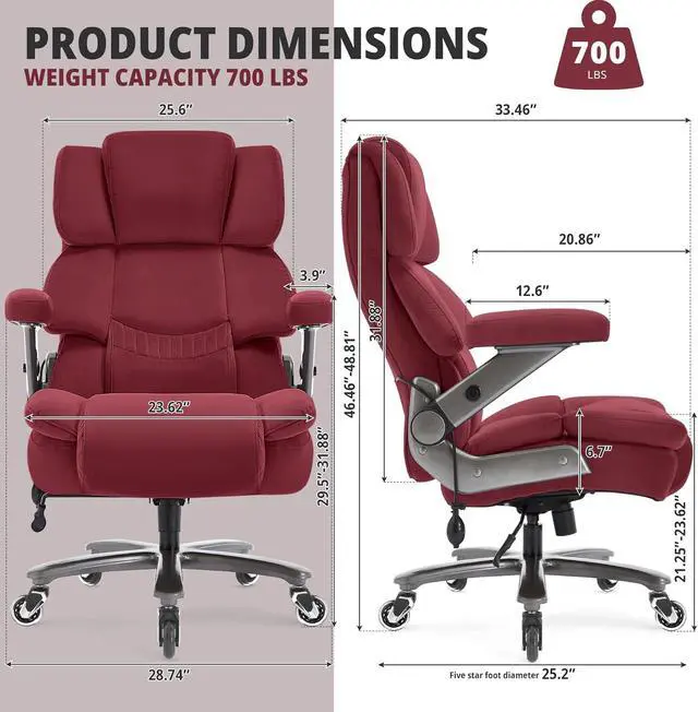 Alt view image 3 of 7 - Big and Tall Office Chair 700lbs- Fabric High Back Executive Computer Chair with Adjustable Lumbar Support 3D Flip Arms Plus Size Rubber Wheels- Extra Wide Large Desk Chairs, Heavy Duty Metal Base
