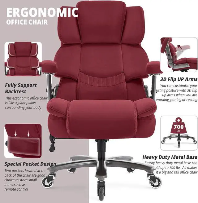 Alt view image 4 of 7 - Big and Tall Office Chair 700lbs- Fabric High Back Executive Computer Chair with Adjustable Lumbar Support 3D Flip Arms Plus Size Rubber Wheels- Extra Wide Large Desk Chairs, Heavy Duty Metal Base
