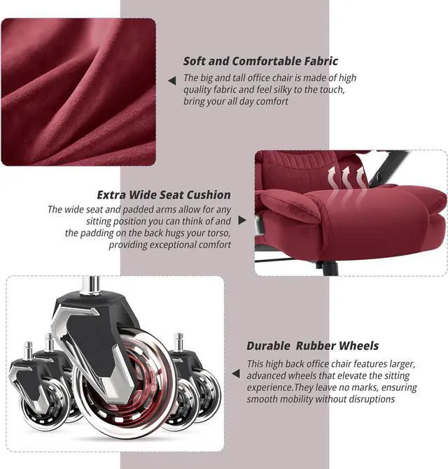 Alt view image 5 of 7 - Big and Tall Office Chair 700lbs- Fabric High Back Executive Computer Chair with Adjustable Lumbar Support 3D Flip Arms Plus Size Rubber Wheels- Extra Wide Large Desk Chairs, Heavy Duty Metal Base