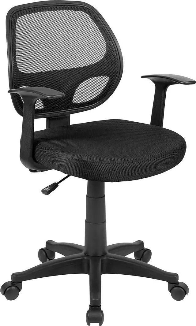 Main image of Flash Furniture Mallard Mid-Back Swivel Mesh Office Chair with Padded Seat and T-Arms, Height-Adjustable Ergonomic Padded Office Desk Chair, Black