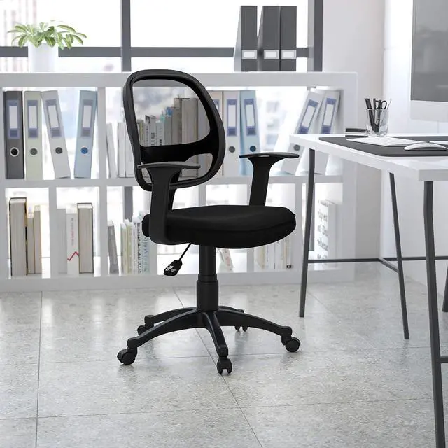 Alt view image 2 of 7 - Flash Furniture Mallard Mid-Back Swivel Mesh Office Chair with Padded Seat and T-Arms, Height-Adjustable Ergonomic Padded Office Desk Chair, Black