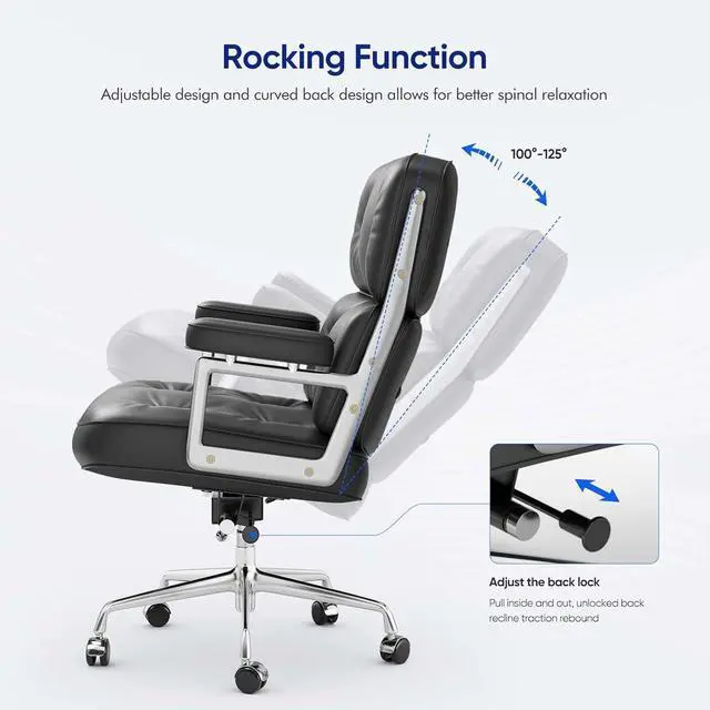 Alt view image 6 of 7 - Genuine Leather Office Chair, Mid Back Executive Desk Chairs with Aluminum Arms and Wheels, Swivel Office Leather Chair with Thickened Backrest and Ergonomic Lumbar Support, Black