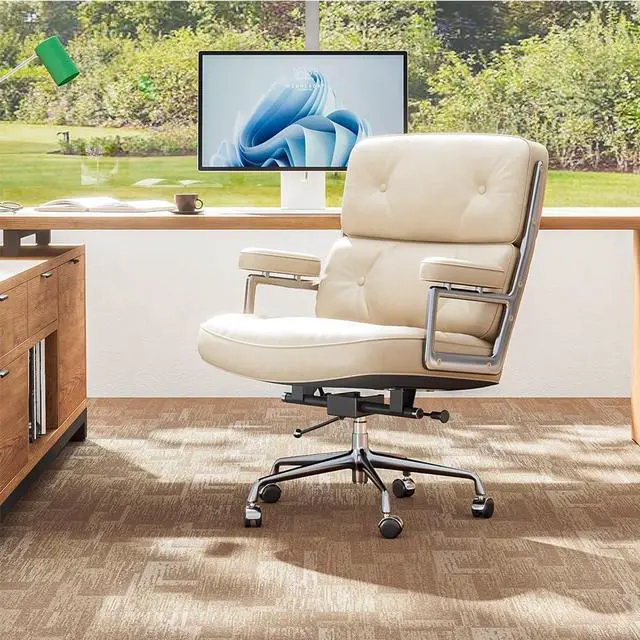 Main image of Genuine Leather Office Chair, Mid Back Executive Desk Chairs with Aluminum Arms and Wheels, Swivel Office Leather Chair with Thickened Backrest and Ergonomic Lumbar Support, White