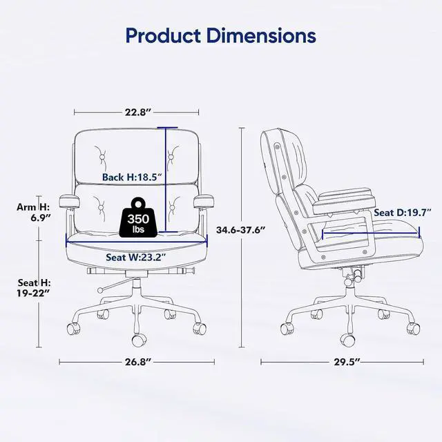 Alt view image 2 of 7 - Genuine Leather Office Chair, Mid Back Executive Desk Chairs with Aluminum Arms and Wheels, Swivel Office Leather Chair with Thickened Backrest and Ergonomic Lumbar Support, White
